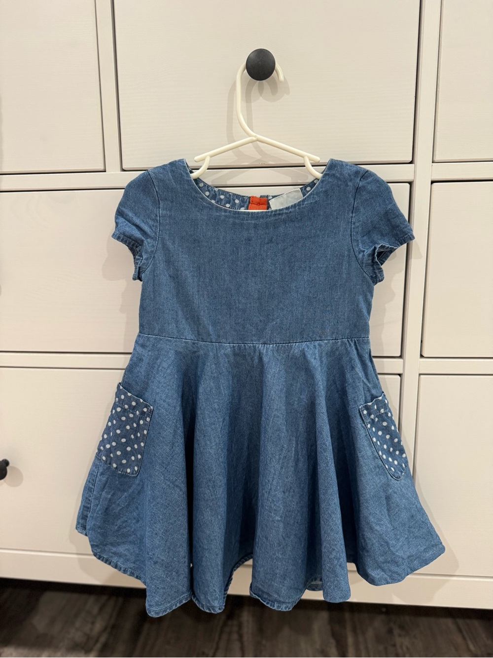 Mini Boden Denim Twirl Dress with Polka Dot Pockets - Blue